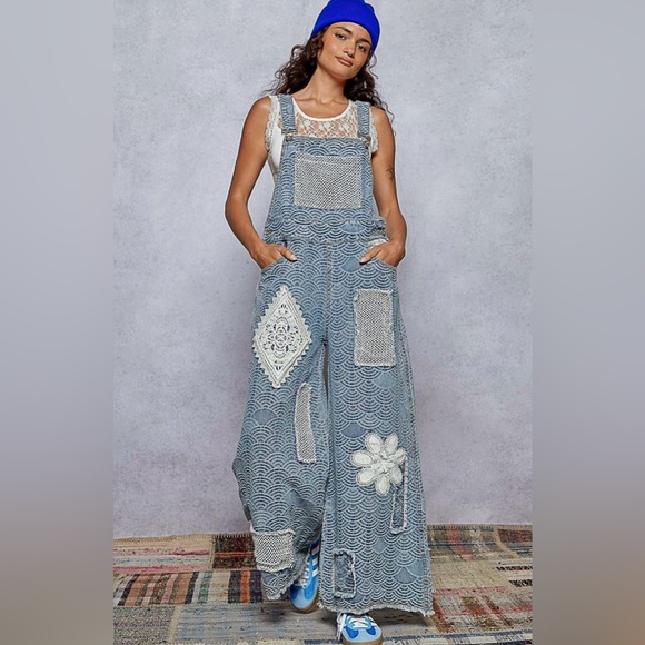 POL POL Overall Crochet Patchwork - Denim Multi - Picture 1 of 4